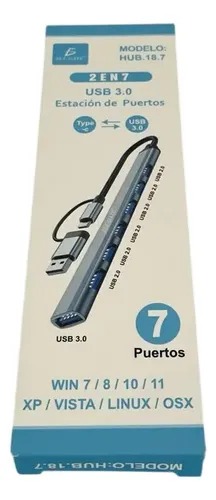 Multi Puerto 7 en 1 con Entrada USB-C y Adaptador USB 3.0 – Expansión Versátil y Conexiones de Alta Velocidad
